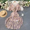 Verano moda mujer dulce gasa estampado cuello en V dibujar cuerda manga corta acampanada vestido fino Vestidos R478 210527