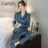 Caiyier Pary Piżama Zestaw Kobiety Mężczyźni Jedwabiu Satin Sleepwear Z Długim Rękawem + Spodnie Nightwear Casual Winter Stripe Pajama Loungewear X0526