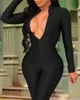 Ninimour Women Elegant Fashion Cut Out Front Zipper Jumpsuit Ladies Sexy Long Sleeve Plain Jumpsuit 210415
