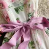 Summer Designer Off Shoulder Maxi Women Sexy Beach Slash Neck Ruffles Flora Print Chiffon Long Dress With Pink Belt 210416