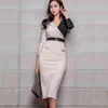 Office Lady V-Neck long Sleeve Contrast color Pencil Dress Women Autumn Elegant Sexy OL Bodycon Sheath Dress with Sashes 210514