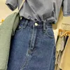 Mode hög midja slits kvinna jean kjolar alla match mujer denim faldas vår sommar ålder-reducerande slim jupe 210514