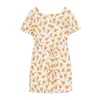 印刷女性のドレス夏の韓国の正方形の襟短いパフスリーブハイウエスト包帯レディースビーチスタイルミニドレス210515
