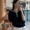 Frauen T-Shirt Sommer Korea Chic altersreduzierende Marine Kragenbesatz drei Knöpfe lose vielseitige Kurzarm-Strickoberteil 210529