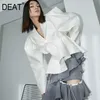 Loose Fit White Asymmetric Ruffles Bandage Jacket LAPEL Långärmad Kvinnor Coat Fashion Tide Spring Höst GX594 210421