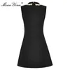 ファッションデザイナーの夏の黒のショートドレス女性のノースリーブのターンダウンカラーレーシングハイウエストパーティーミニ210524