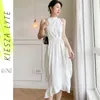 Klänningar för kvinnor sommar elegant mode ärmlös vit festklubb fishtail knopp midi klänning lady vestidos outfits 210608
