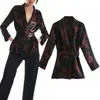 Топ женщины винтажные напечатанные черные блузки женщины осень мода с поясом с длинным рукавом офисные дамы элегантные блузки 210519