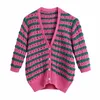 VUWWYV, cárdigan recortado a rayas rosa y verde, suéteres para mujer, Primavera Verano, botones delanteros de punto elegantes, chaqueta de manga corta 210430