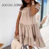 Jocoo Jolee Elegantes schulterfreies Rüschen-weißes Kleid für Damen, Sommer, sexy, rückenfrei, lockeres Kleid, lässig, Strandparty, Sommerkleid, Übergröße 210619