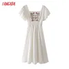 丹田夏の女性の花刺繍フランス風の白いドレスショートスリーブレディースミディドレスvestidos 4T63 210609