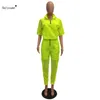 Neon Solid Sportwear Women Two Piece Outfits半袖ジップジャケットトップ +メッシュパンツストリートウェアトラックスーツマッチセット210709