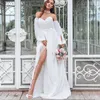 Women Dress White Chiffon es V Neck Off Shoulder Maxi Party High Waist Split Large Hem Bohemian es 210524