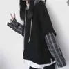 Deeptown Gestreept Sweatshirt voor Dames Zwart Gothic Stijl Hoodie Patchwork Grunge Lange Mouwen Plaid Pullovers Koreaanse Mode 211104