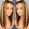 Highlight WIG Human Włosy 13x4 HD Przezroczyste Koronki Frontal Closure Peruki Dla Kobiet Krótki Bob Prosto 360 Przedni Prepluck Hairline Diva1 150% Gęstość