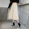 秋のハイウエスト3 dの花甘いプリーツのスカートの女性黄色い刺繍レース原宿韓国の女の子の学生Kawaii Long 210421