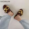 SUOJIALUN New Brand Design Gold Chain Women Slipper Closed Toe Slip On Mules Shoes Round Toe Low Heels Casual Slides Flip Flop