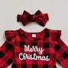 Meisje jurken vrolijk kerstfeestje voor kinderen baby meisjes plaid lange mouw ruche letter mesh prinses jurk + hoofdband baby pak