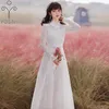 YOSIMI Summer Lace Long Women Dress Maxi Vintage White Evening Party Stand Neck Sleeve Band Fairy Female Vestido 210604