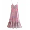 Women Summer Chiffon Print Dress Spaghetti Strap Buttons Ruffles Female Elegant Strapless Dresses Vestidos 210513