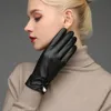 Fünf Fingerhandschuhe 2021 Damen Perle PU-Leder Winter Samtfutter Kurz Warm Touchscreen Fahren Weiblich Schwarz S2863