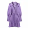 Elegant Women Dot Pleated Dresses Fashion Ladies Elastic Waist Dress Sweet Female Chic Solid Purple Chiffon Vestidos 210427