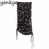 Vintage Black Floral Print Side Drawstring Skirt Women High Waist Draped Bodycon Sexy jupe femme Asymmetric Summer 210514