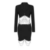 ツーピースドレス高品質の秋のセクシーなVネックショートスリム2ツーピースセット2022エレガントな女性用ダイヤモンドチェーンコートスカートパーティー