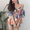 Women Off Shoulder Puff Sleeve V Neck Blouse Shirt Sweet Beach Strap Short Floral Print B0568 210514