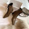 Ankle Boots Women Shoes Real Leather Mid Heels Lady Pointed Toe Block Lace Up Zip Short Autumn Brown 210517