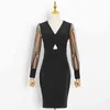 Patchwork Mesh Dot Dress For Women V Neck Long Sleeve High Waist Hollow Out Midi Vintage Dresses Female Fall 210520
