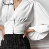 Élégant lanterne à manches longues blouse ladie Chemises femmes bouton up vêtements Slim-fit recadrée vintage top chemise femme 210414