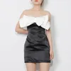 Sexy Patchwork Bow Slim Dress Pour Femmes Slash Neck Sans Manches Taille Haute Hit Couleur Mini Robes Femme Mode 210520