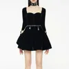 Zwarte backless jurk voor vrouwen vierkante kraag lange mouw hoge taille patchwork chain mini jurken vrouwelijke mode herfst 210531