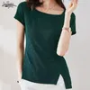 Chemisier Femme Yaz Kore Tarzı Kadınlar Yeşil Bluz Katı Renk Yuvarlak Yaka Düzensiz Örme 9448 50 210427