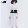 [Eam] Kvinnor Vit Kort Temperament Klänning Rund Neck Half Lantern Sleeve Loose Fit Fashion Spring Summer 1T654 21512