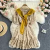 Zoete dames zomerjurk Koreaanse mode O-hals korte mouw elastische taille floral print A-lijn dames met sjaal 210603