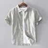 Light Luxury Linen Shirt Men's Short-sleeved Stand-up Collar Summer Thin Loose Cotton And White Casual Men Shirts