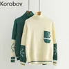 Korobov New Cute Cartoon Rabbit Contrast Color Pullovers Snowflake Pattern Long Sleeve Turtleneck Sweater Women Pull Femme 210430