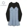 Mode Jeans Klänning Kvinnor Höst Koreansk Casual Loose Långärmad Vintage O-Neck Female Lady Mini Demin Dress Vestido 210417