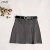 Ankomst sommar kvinnor solid färg asymmetrisk mini pläterad kjolar Casual hög midja A-line med bälte 210430