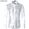 Smooth Silk Men Shirt Shiny Plaid Sequin Gold s Fashion Glitter Dress s Prom Long Sleeve 210524