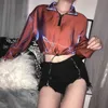 Mode Turtleneck Zipper Drawstring Hem Harajuku Discolor Sweatshirt Kvinnor Höst Långärmad Crop Top Pullovers 210510