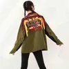 [EAM] Loose Fit Green Striped Embroidery Bgi Size Jacket Lapel Long Sleeve Women Coat Fashion Spring Autumn JZ52106 21512