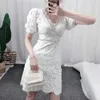 French Summer Women's Elegant Slim Hollow Out Party Diamond Beaded Mesh Lace Vintage High Quality Dress Vestido 210529