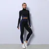 Outfit Yoga 2 Kawałek / Zestaw Damskie Bezproblemowe Stroje Treningowe Z Długim Rękawem Crop Top High High Waist Legging Sets Front Zip Sport Nosić siłownia Ubrania