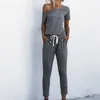 Vår sommar bodysuit kvinnor streetwear casual off-axel kortärmad ficka spets-up svart kvinnor strapless jumpsuit 210514