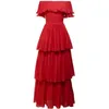 Yosimi vermelho chiffon longo vestido elegante verão maxi túnica branca praia boêmio plissado fora do ombro cupcake 210604