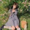 Lucyever verão casual colarinho quadrado rendas vestido mulheres elegante sopro de mangas curtas vestidos mulher coreana solta xadrez vestido senhoras 210521
