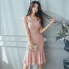 Elegant Spaghetti straps Pink Bodycon Pencil Dress Sexy Off shoulder Ruffles patchwork Dress Women Summer Slim Sheath Dress 210514